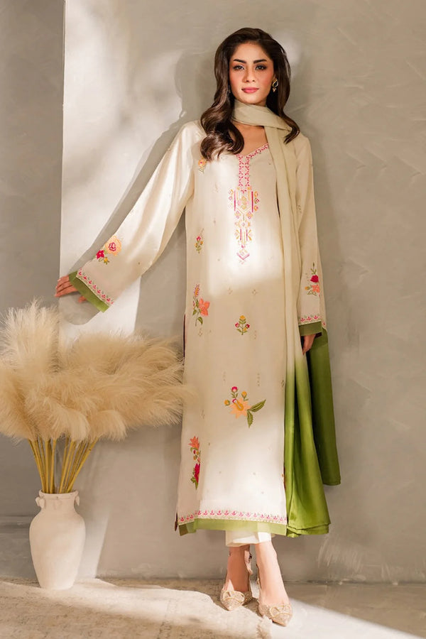 MIRANA - 3PC DHANAK EMBROIDERED SHIRT WITH BAMBER CHIFFON DUPATTA AND TROUSER-14289