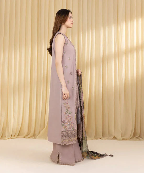 SAPPHIRE-3PC UNSTITCHED DHANAK EMBROIDERED SHIRT WITH COURTRAI WOOL PRINTED SHAWL AND EMB TROUSER-14100