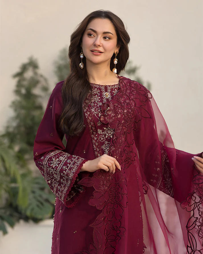 QALAMQAR-3PC LAWN EMBROIDERED SHIRT WITH ORGANZA EMBROIDERED DUAPATTA AND TROUSER-BIC-3727