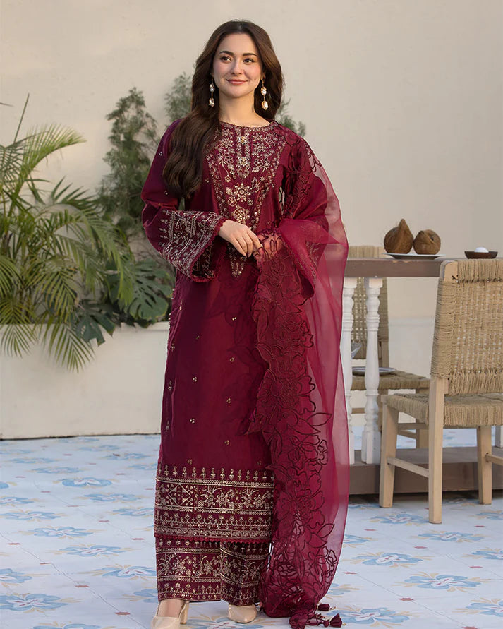 QALAMQAR-3PC LAWN EMBROIDERED SHIRT WITH ORGANZA EMBROIDERED DUAPATTA AND TROUSER-BIC-3727