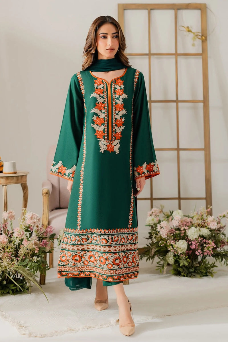 VINTAGE-3PC DHANAK EMBROIDERED SHIRT WITH BAMBER CHIFFON DUPATTA & TROUSER-4248
