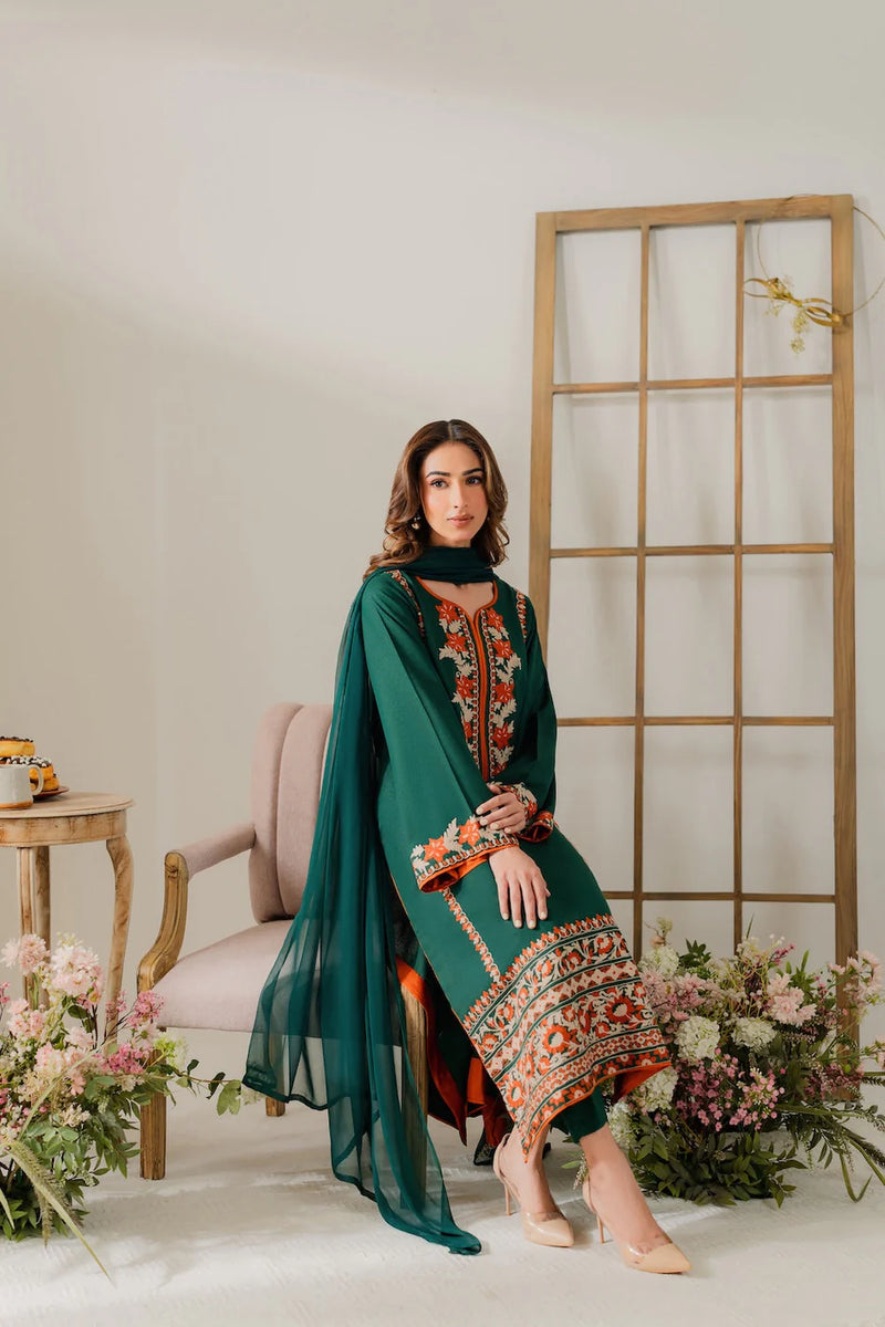 VINTAGE-3PC DHANAK EMBROIDERED SHIRT WITH BAMBER CHIFFON DUPATTA & TROUSER-4248