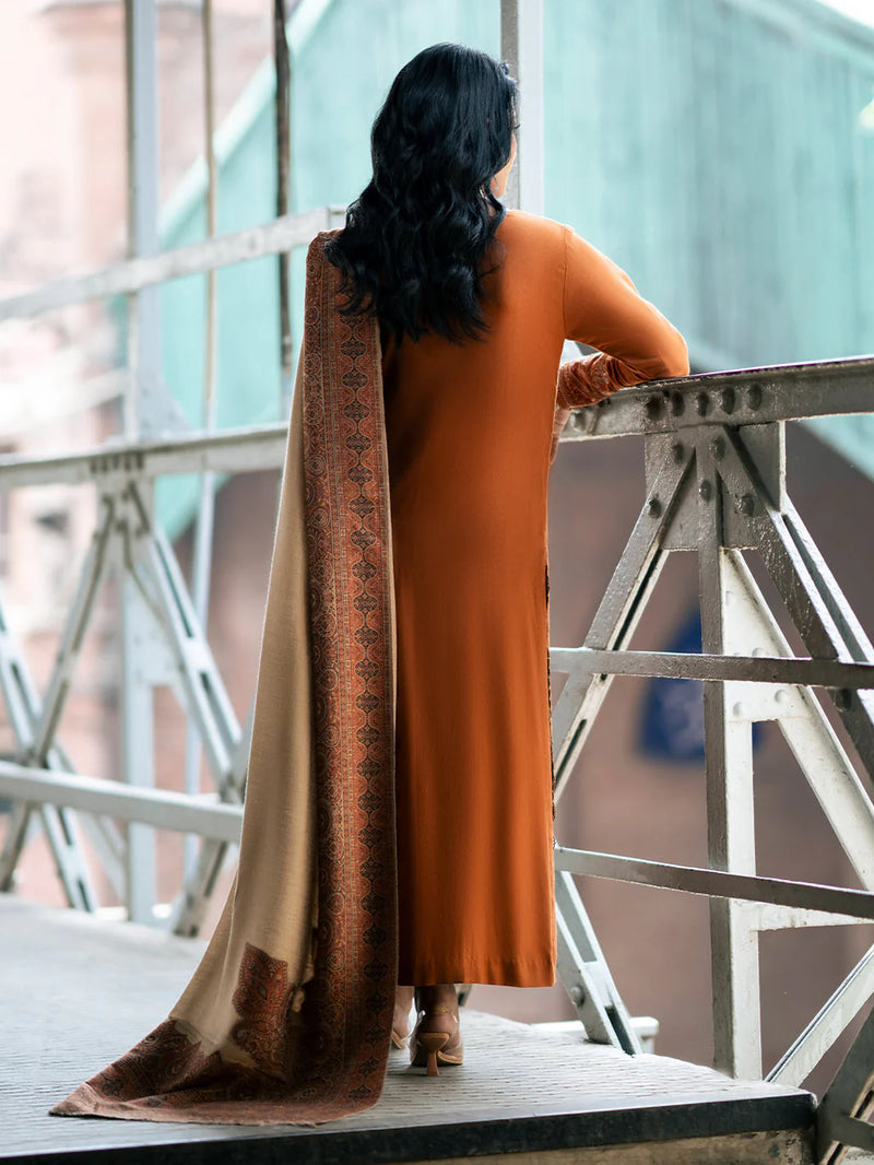 IZEL-3PC DHANAK EMBROIDERED SHIRT WITH COURTRAI PRINTED SHAWL AND TROUSER-14146