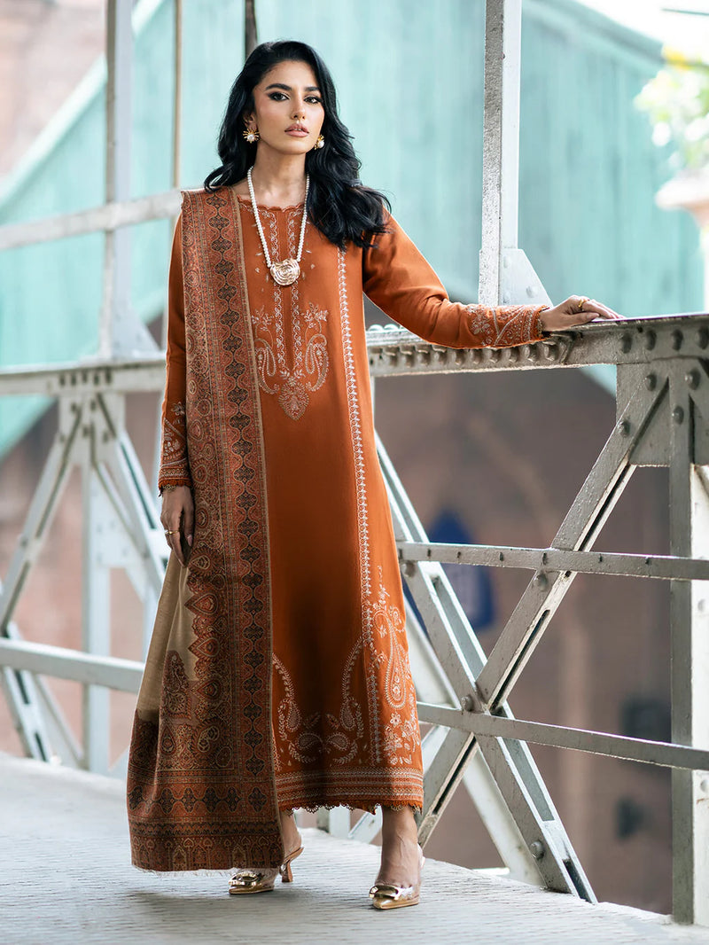 IZEL-3PC DHANAK EMBROIDERED SHIRT WITH COURTRAI PRINTED SHAWL AND TROUSER-14146