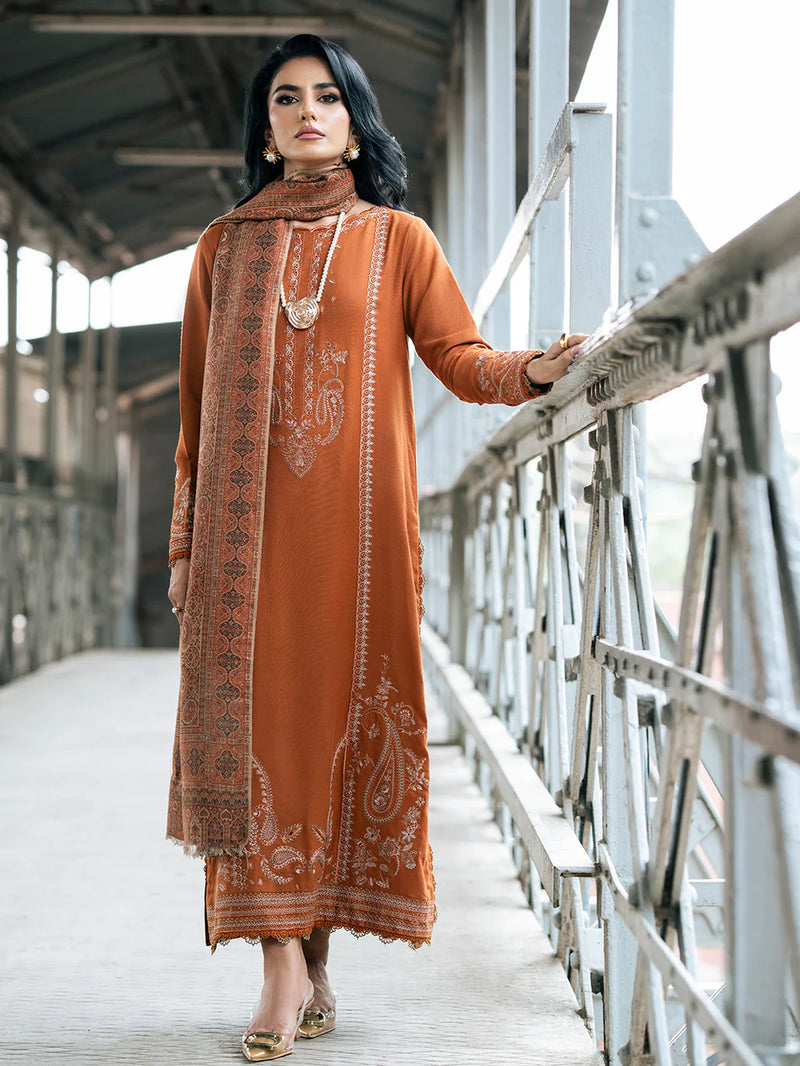 IZEL-3PC DHANAK EMBROIDERED SHIRT WITH COURTRAI PRINTED SHAWL AND TROUSER-14146
