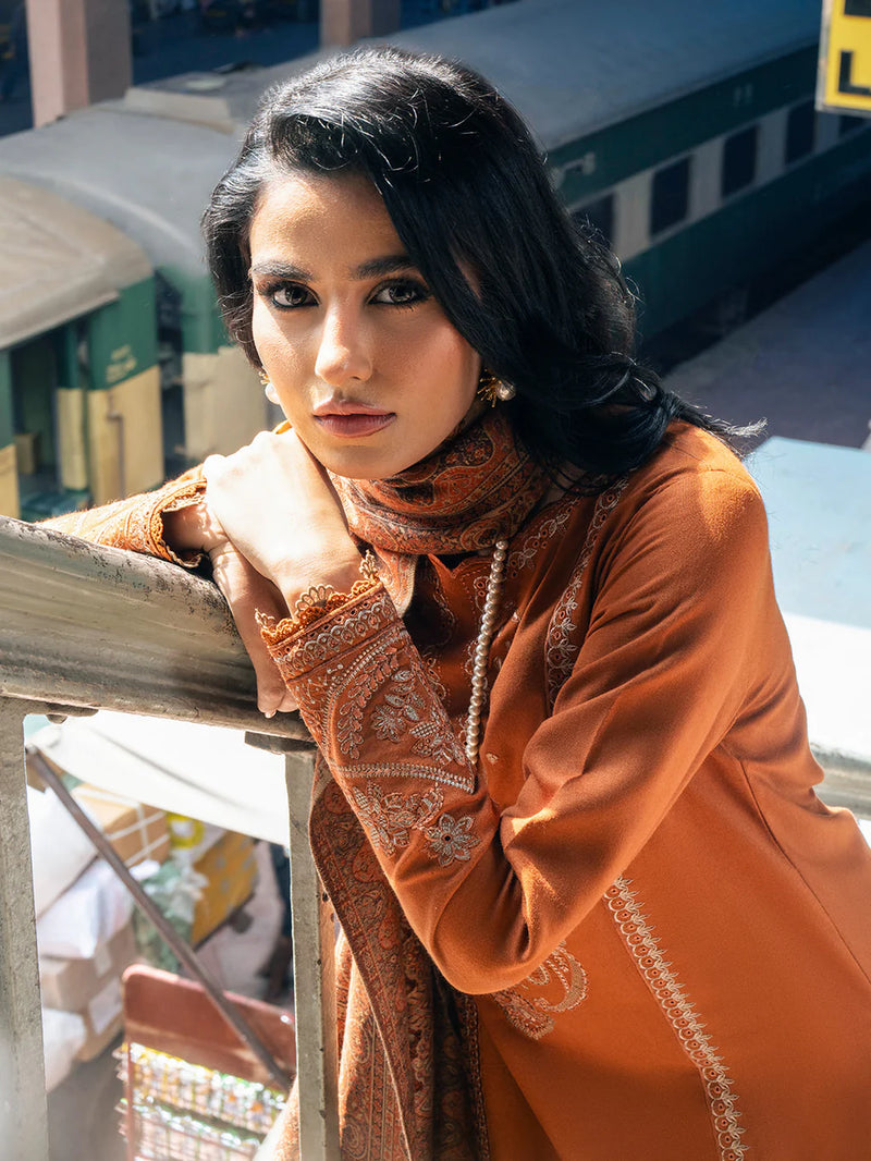 IZEL-3PC DHANAK EMBROIDERED SHIRT WITH COURTRAI PRINTED SHAWL AND TROUSER-14146