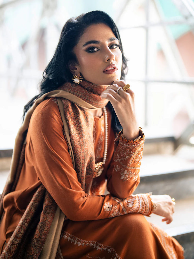 IZEL-3PC DHANAK EMBROIDERED SHIRT WITH COURTRAI PRINTED SHAWL AND TROUSER-14146