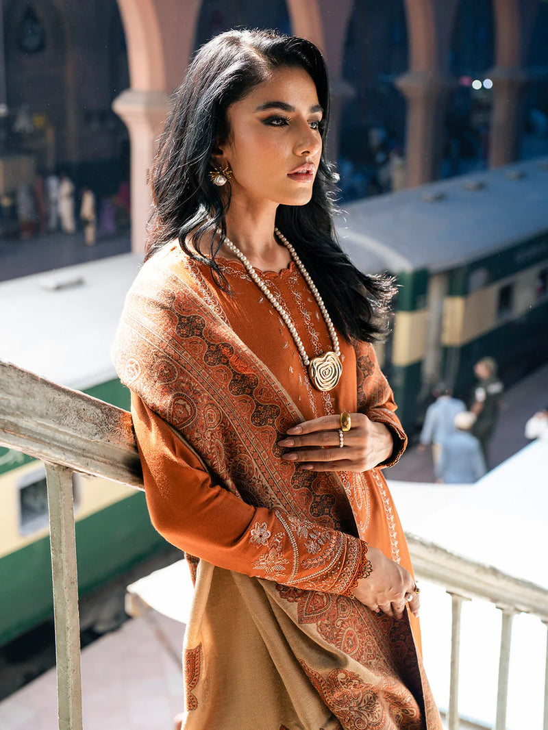 IZEL-3PC DHANAK EMBROIDERED SHIRT WITH COURTRAI PRINTED SHAWL AND TROUSER-14146