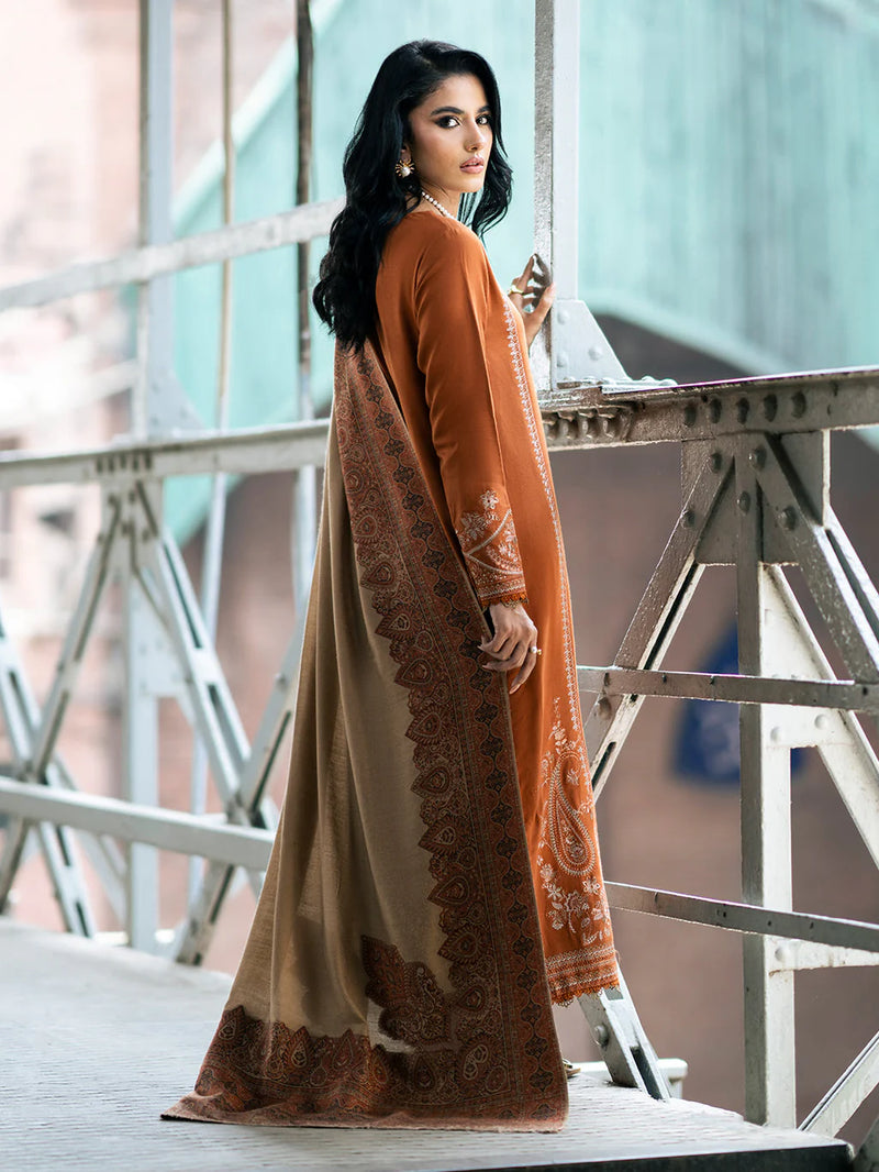 IZEL-3PC DHANAK EMBROIDERED SHIRT WITH COURTRAI PRINTED SHAWL AND TROUSER-14146