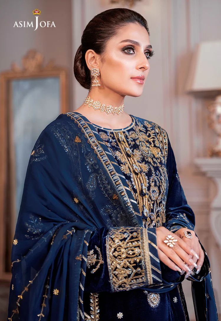 ASIM JOFA - 3PC UNSTITCHED VELVET EMBROIDERED SHIRT WITH CHIFFON EMBROIDERED DUPATTA & TROUSER-14311