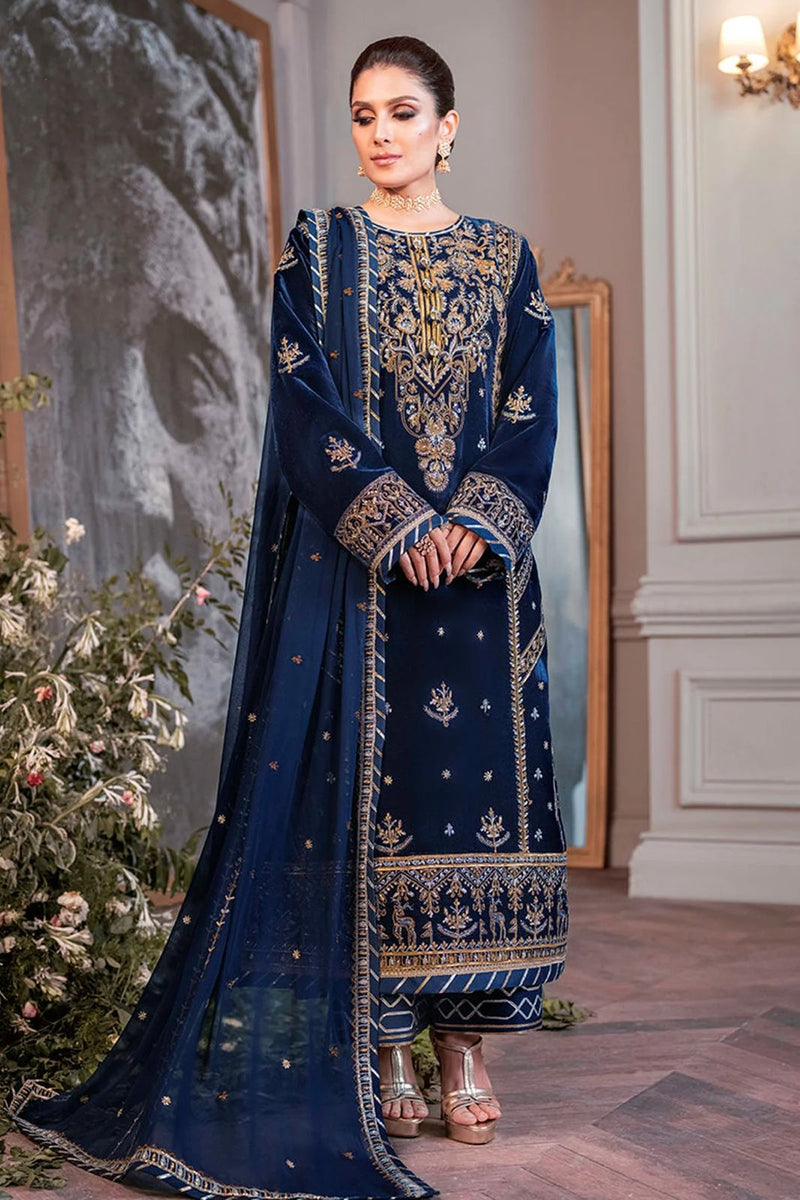 ASIM JOFA - 3PC UNSTITCHED VELVET EMBROIDERED SHIRT WITH CHIFFON EMBROIDERED DUPATTA & TROUSER-14311