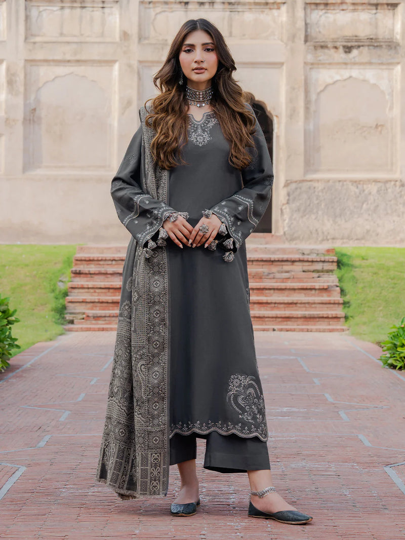 IZEL-3PC DHANAK EMBROIDERED SHIRT WITH COURTRAI PRINTED SHAWL & TROUSER-BIC-14359