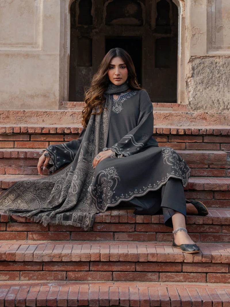 IZEL-3PC DHANAK EMBROIDERED SHIRT WITH COURTRAI PRINTED SHAWL & TROUSER-BIC-14359