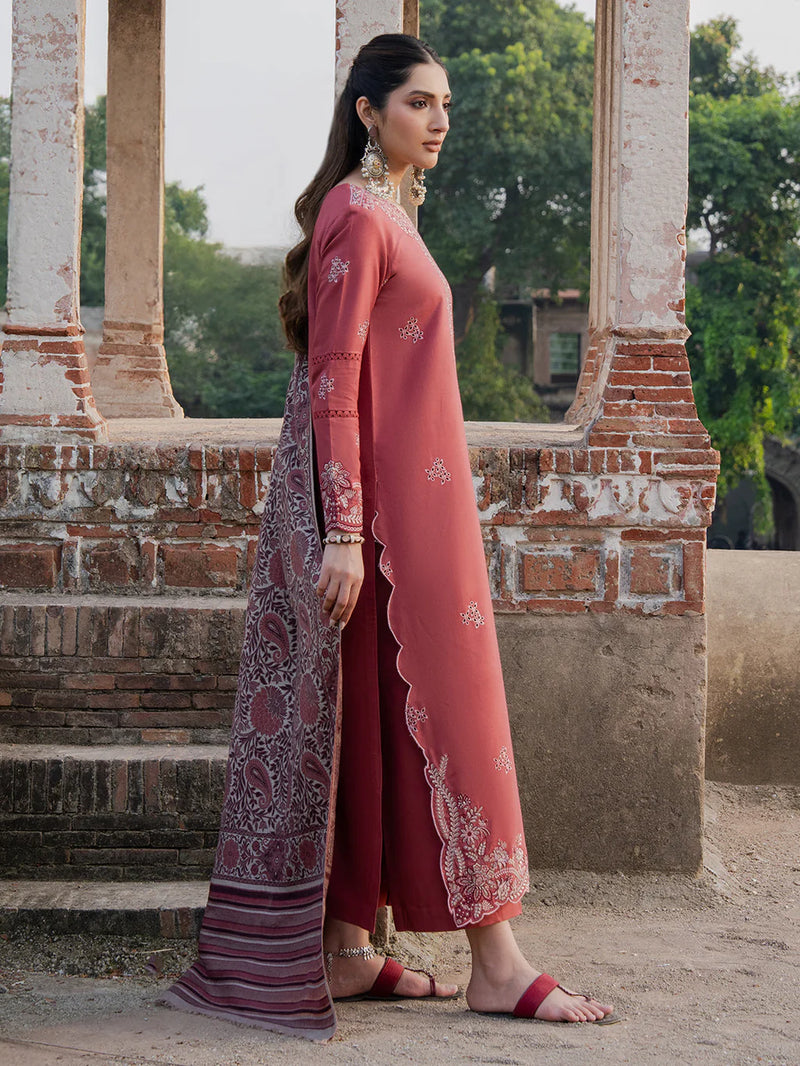 IZEL-3PC DHANAK EMBROIDERED SHIRT WITH COURTRAI PRINTED SHAWL & TROUSER-14356