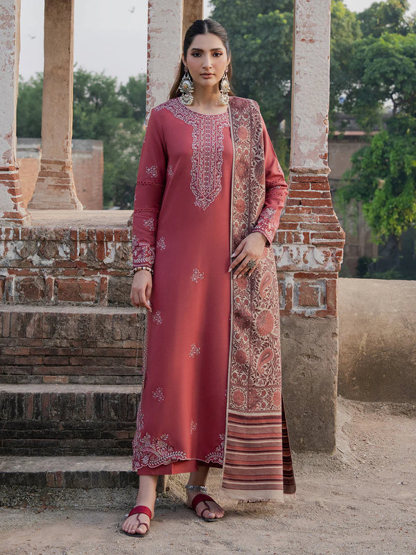 IZEL-3PC DHANAK EMBROIDERED SHIRT WITH COURTRAI PRINTED SHAWL & TROUSER-14356