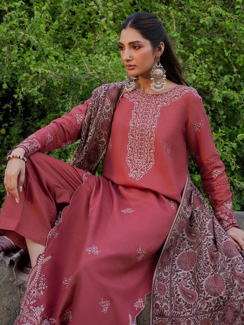 IZEL-3PC DHANAK EMBROIDERED SHIRT WITH COURTRAI PRINTED SHAWL & TROUSER-14356