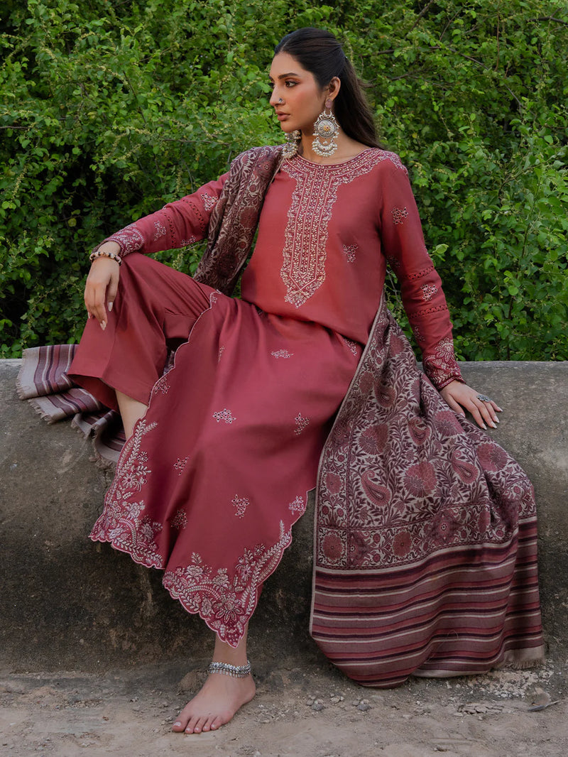 IZEL-3PC DHANAK EMBROIDERED SHIRT WITH COURTRAI PRINTED SHAWL & TROUSER-14356