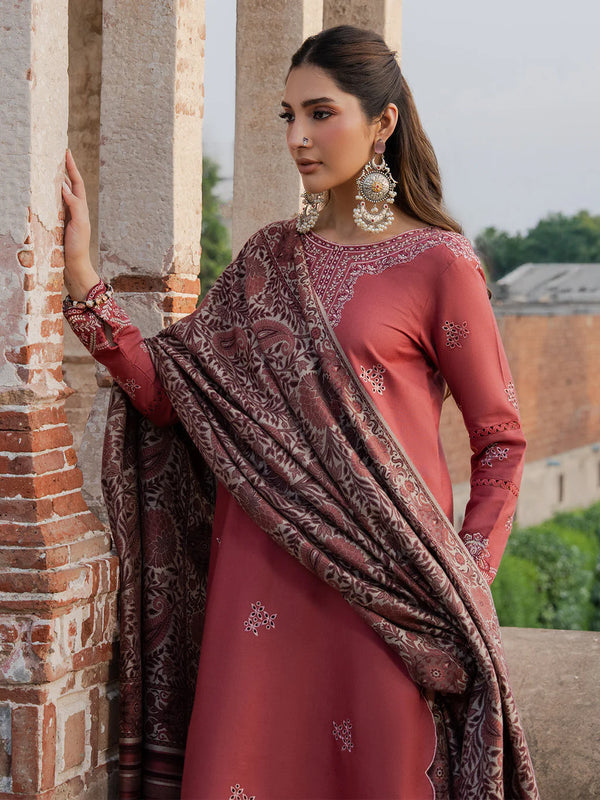 IZEL-3PC DHANAK EMBROIDERED SHIRT WITH COURTRAI PRINTED SHAWL & TROUSER-14356