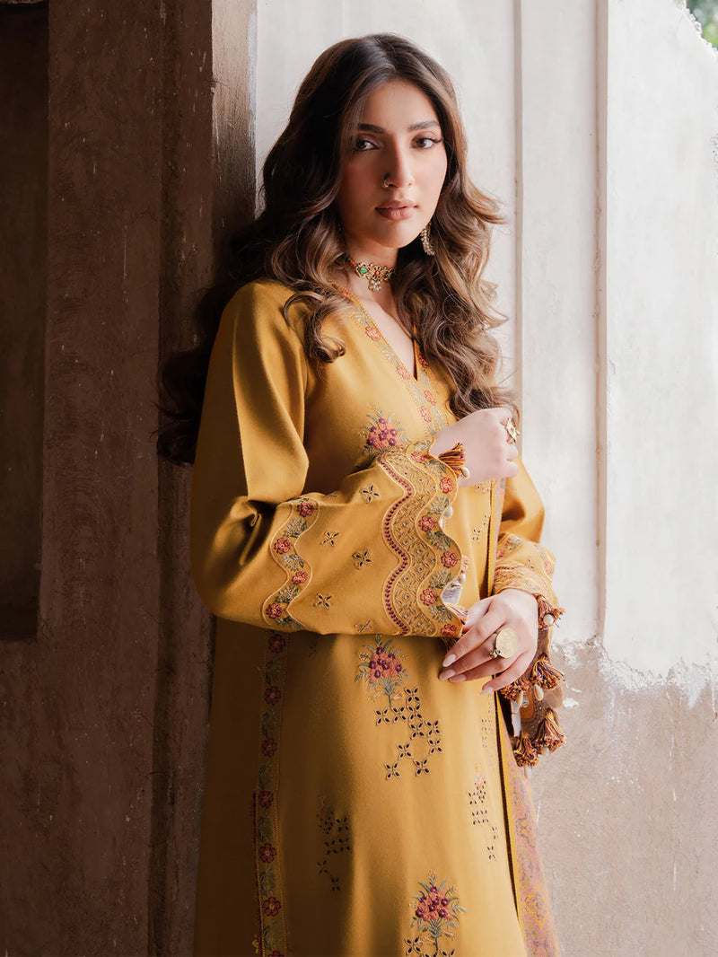 IZEL-3PC KARANDI EMBROIDERED SHIRT WITH PASHMINA WOOL SHAWL & KARANDI TROUSER-BIC-14355