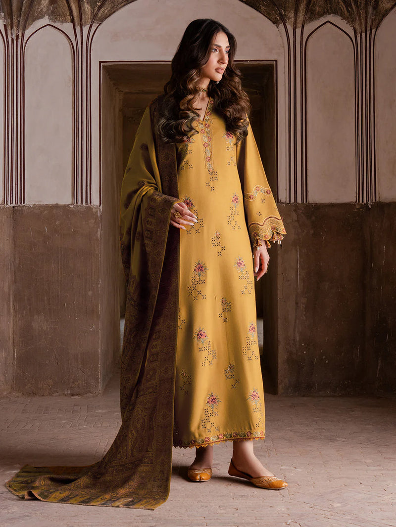 IZEL-3PC KARANDI EMBROIDERED SHIRT WITH PASHMINA WOOL SHAWL & KARANDI TROUSER-BIC-14355