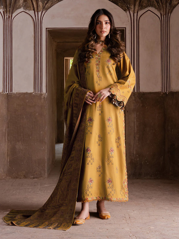 IZEL-3PC KARANDI EMBROIDERED SHIRT WITH PASHMINA WOOL SHAWL & KARANDI TROUSER-BIC-14355