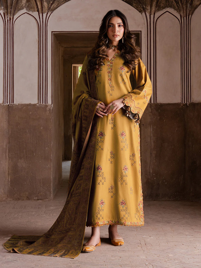 IZEL-3PC KARANDI EMBROIDERED SHIRT WITH PASHMINA WOOL SHAWL & KARANDI TROUSER-BIC-14355