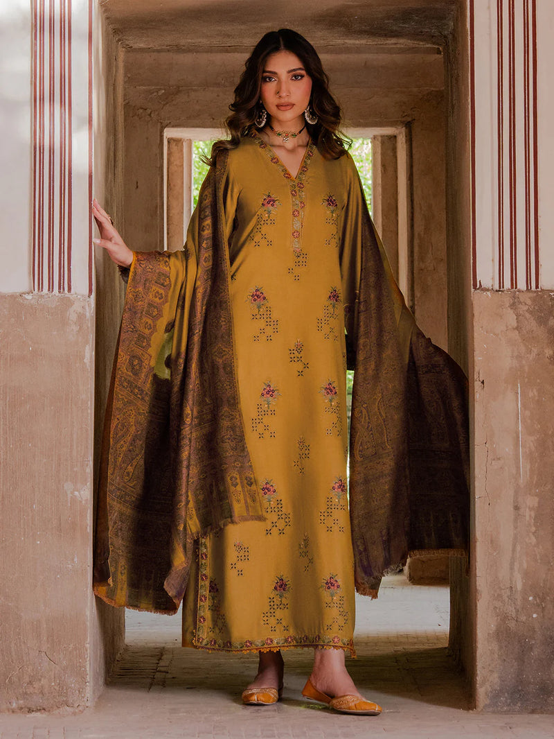 IZEL-3PC KARANDI EMBROIDERED SHIRT WITH PASHMINA WOOL SHAWL & KARANDI TROUSER-BIC-14355