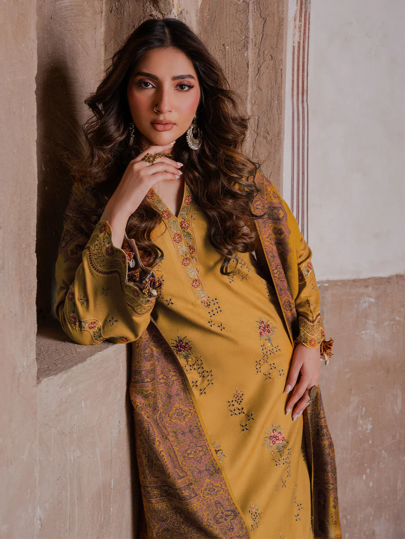 IZEL-3PC KARANDI EMBROIDERED SHIRT WITH PASHMINA WOOL SHAWL & KARANDI TROUSER-BIC-14355