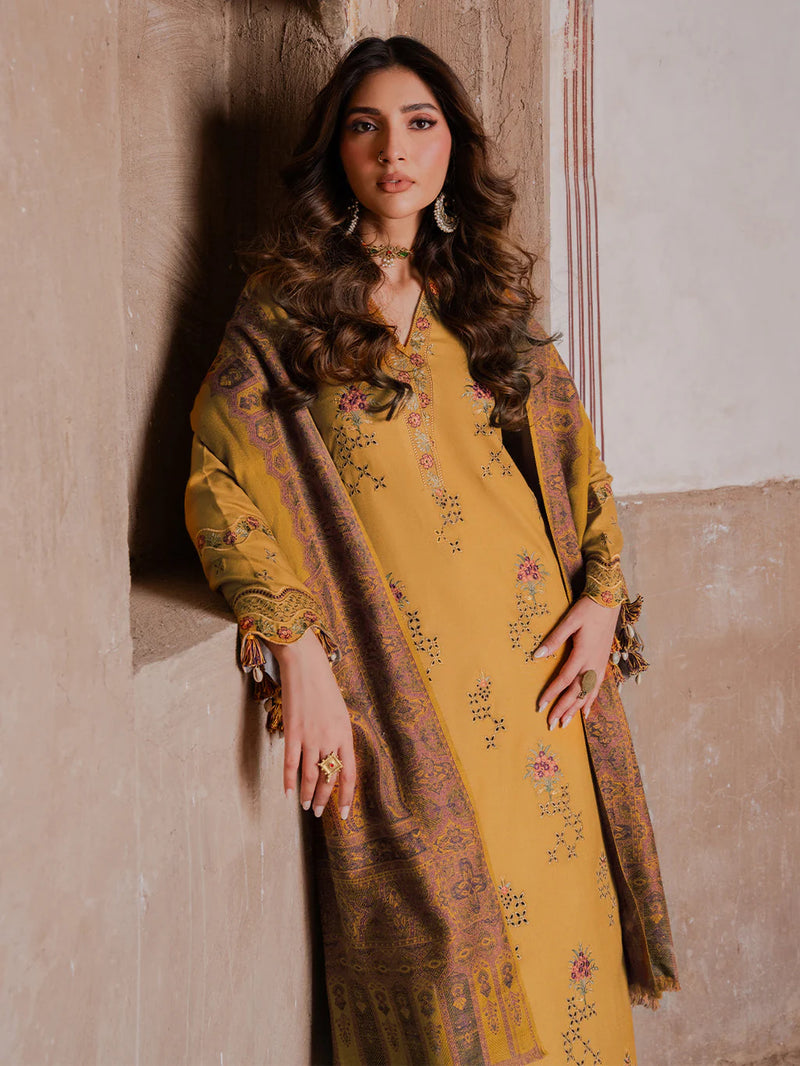 IZEL-3PC KARANDI EMBROIDERED SHIRT WITH PASHMINA WOOL SHAWL & KARANDI TROUSER-BIC-14355