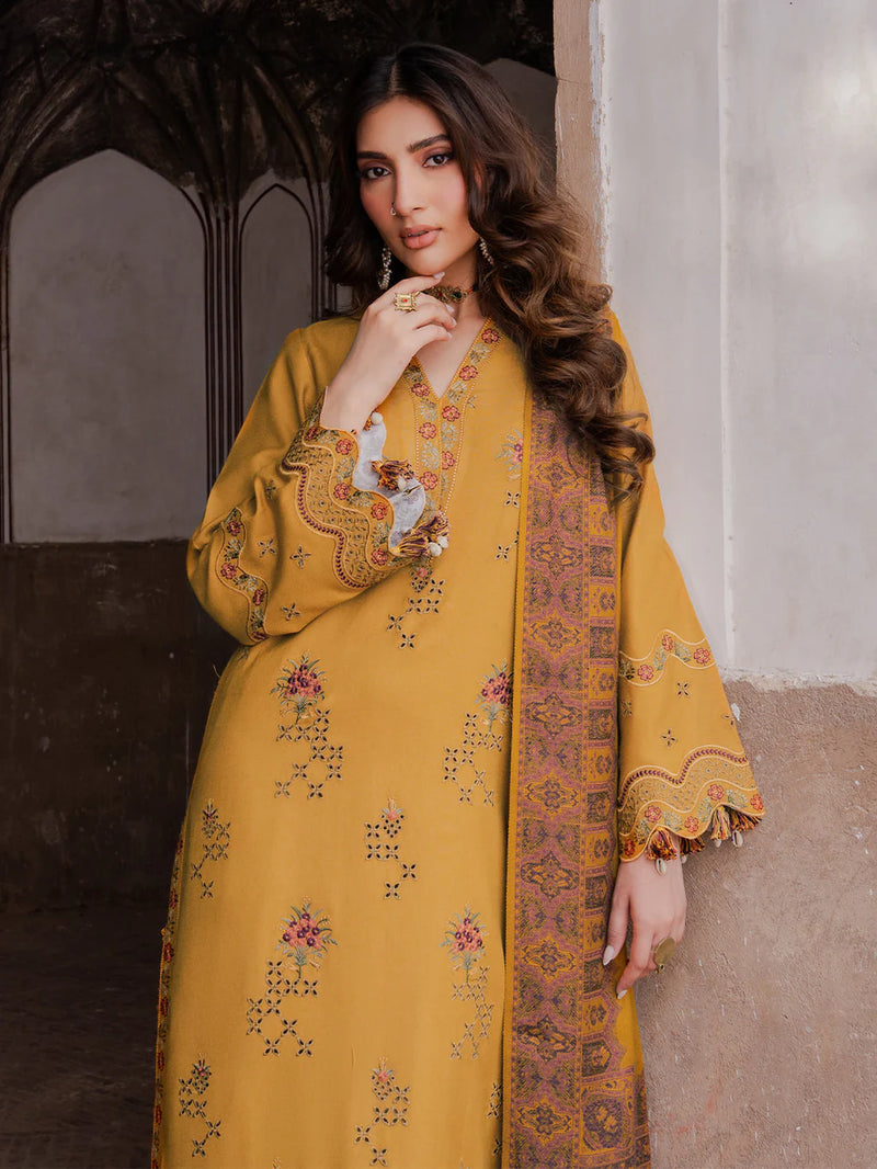 IZEL-3PC KARANDI EMBROIDERED SHIRT WITH PASHMINA WOOL SHAWL & KARANDI TROUSER-BIC-14355