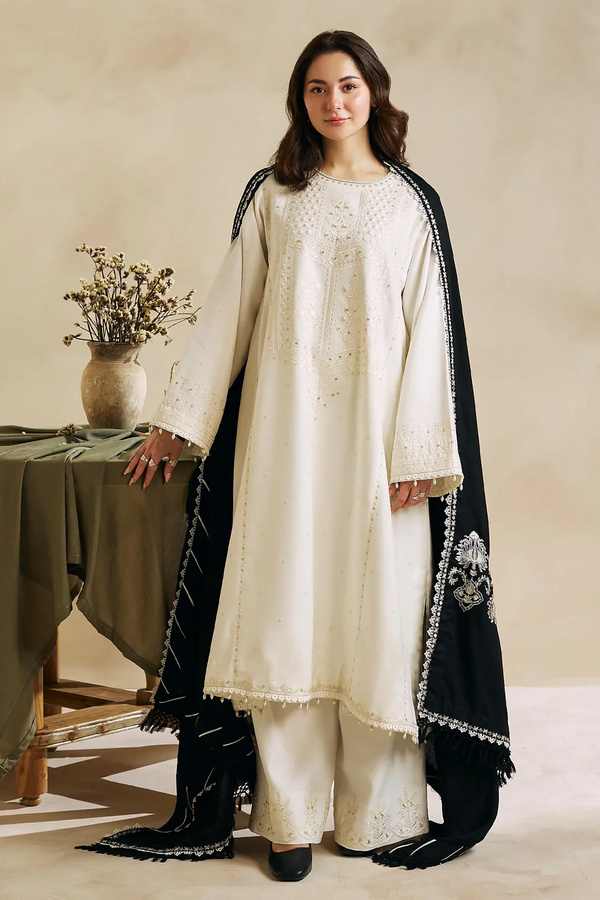 ZARA SHAHJAHAN-3PC DHANAK EMBROIDERED SHIRT WITH SLUB DHANAK EMBROIDERED SHAWL-BIC-4010