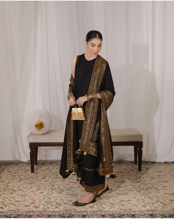 Niraksh - Dhanak 3PC Unstitched Embroidered Shirt with Organza Sequins Embroidered Dupatta- 13373