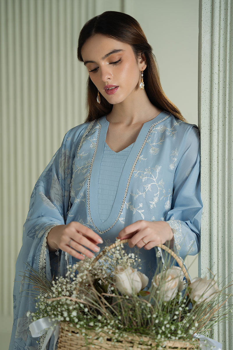 CROSS STITCH-3PC DHANAK EMBROIDERED SHIRT WITH COUTRAI PRINTED SHAWL AND TROUSER-14109