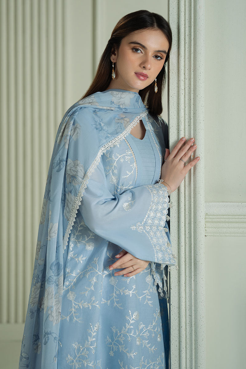 CROSS STITCH-3PC DHANAK EMBROIDERED SHIRT WITH COUTRAI PRINTED SHAWL AND TROUSER-14109