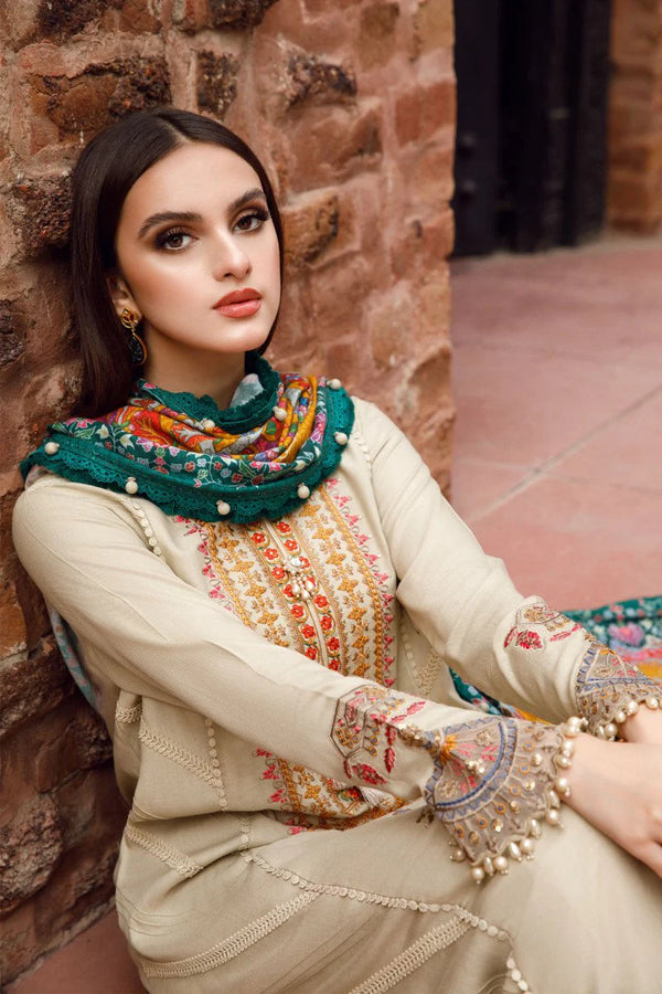 MARIA B - 3PC DHANAK EMBROIDERED SHIRT WITH PRINT SHAWL - 4076