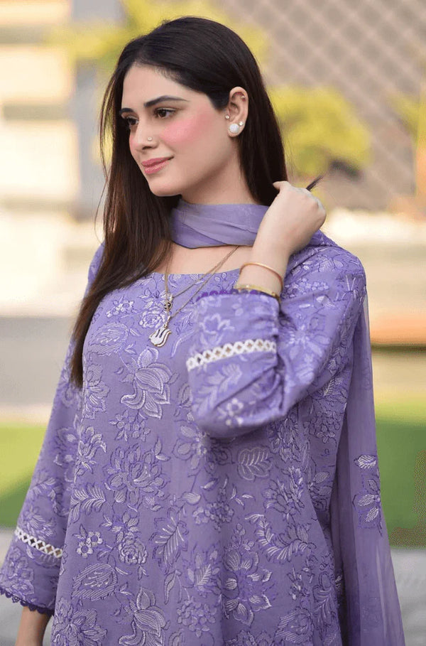 BAREEZE-3PC DHANAK EMBROIDERED SHIRT WITH CHIFFON EMBROIDERED DUPATTA AND TROUSER BIC - 4163