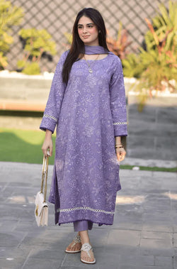 BAREEZE-3PC DHANAK EMBROIDERED SHIRT WITH CHIFFON EMBROIDERED DUPATTA AND TROUSER BIC - 4163