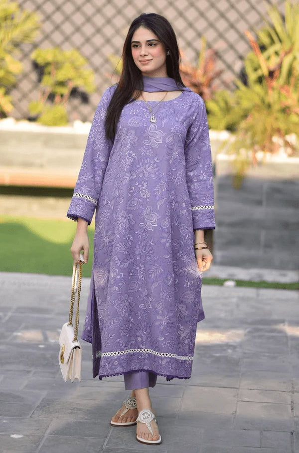 BAREEZE-3PC DHANAK EMBROIDERED SHIRT WITH CHIFFON EMBROIDERED DUPATTA AND TROUSER BIC - 4163