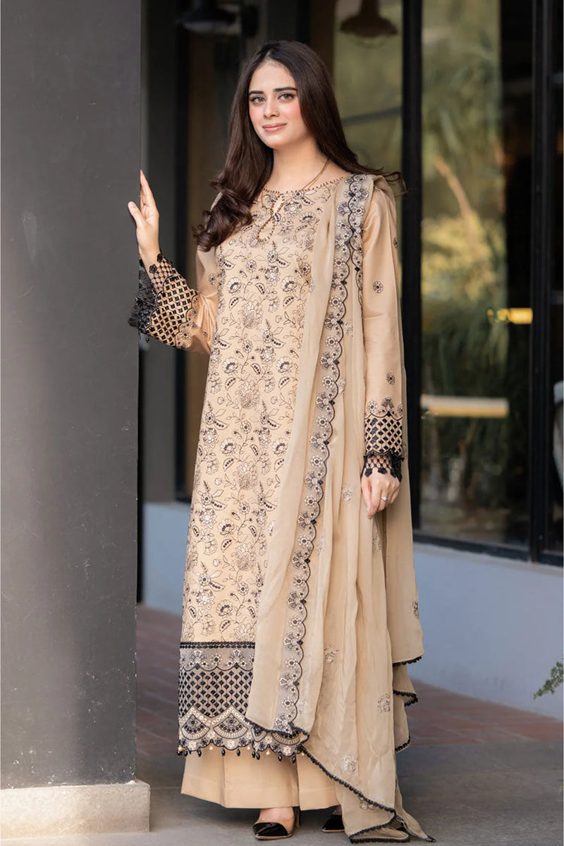 SAPPHIRE-3PC DHANAK EMBROIDERED SHIRT WITH CHIFFON EMBROIDERED DUPATTA AND TROUSER-4035