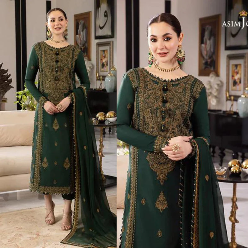 ASIM JOFA-3PC UNSTITCHED LAWN EMBROIDRED SHIRT WITH CHIFFON EMBROIDRED DUPATTA AND TROUSER-3609